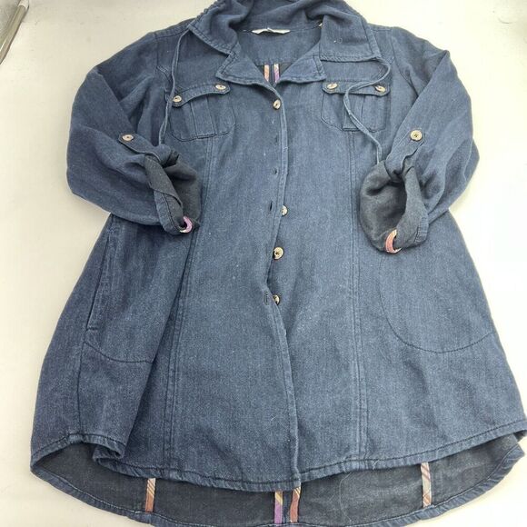 CAbi 340 Women's Size Medium Tunic Jacket Cotton Blue Denim Roll Tab Long Sleeve - Picture 1 of 4